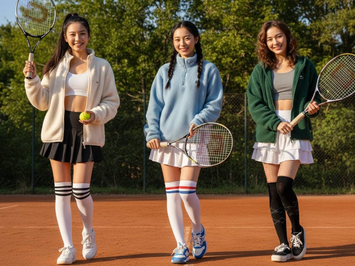 Outfit áo khoác nỉ + chân váy tennis và tất cao cổ
