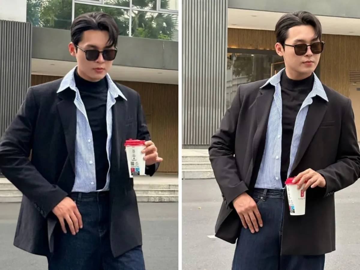 Chi tiết layering, cổ áo sơ mi lộ ra từ áo nỉ