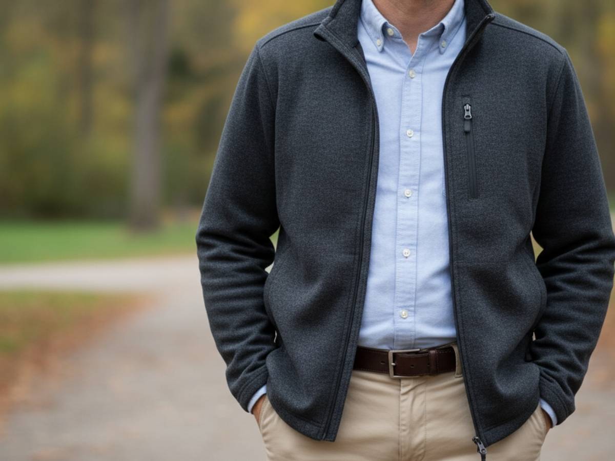 Áo khoác nỉ zip, sơ mi bên trong và quần kaki