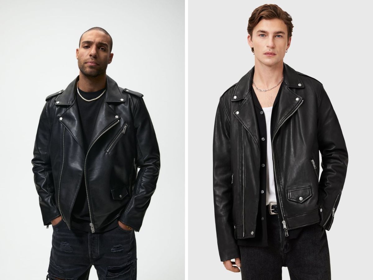 Áo khoác da biker thường có khóa kéo chéo và cổ bẻ ve lớn