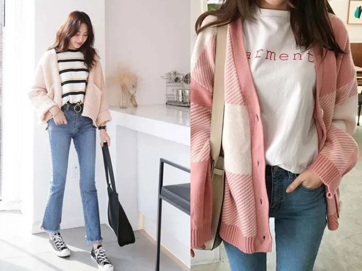 Phong cách năng động, hiện đại với áo len mỏng/Cardigan & quần ống rộng/jean