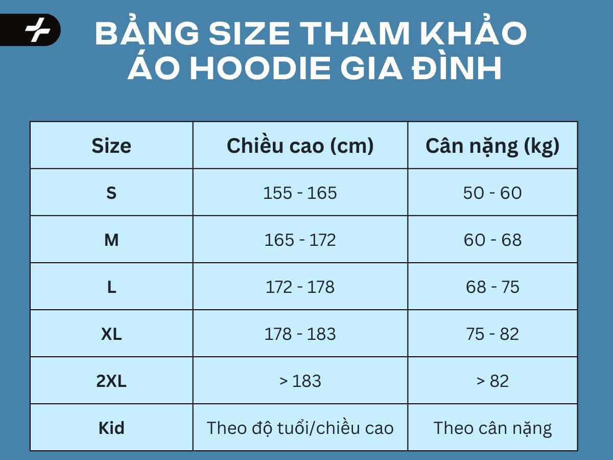 bảng size tham khảo cho áo hoodie gia đình