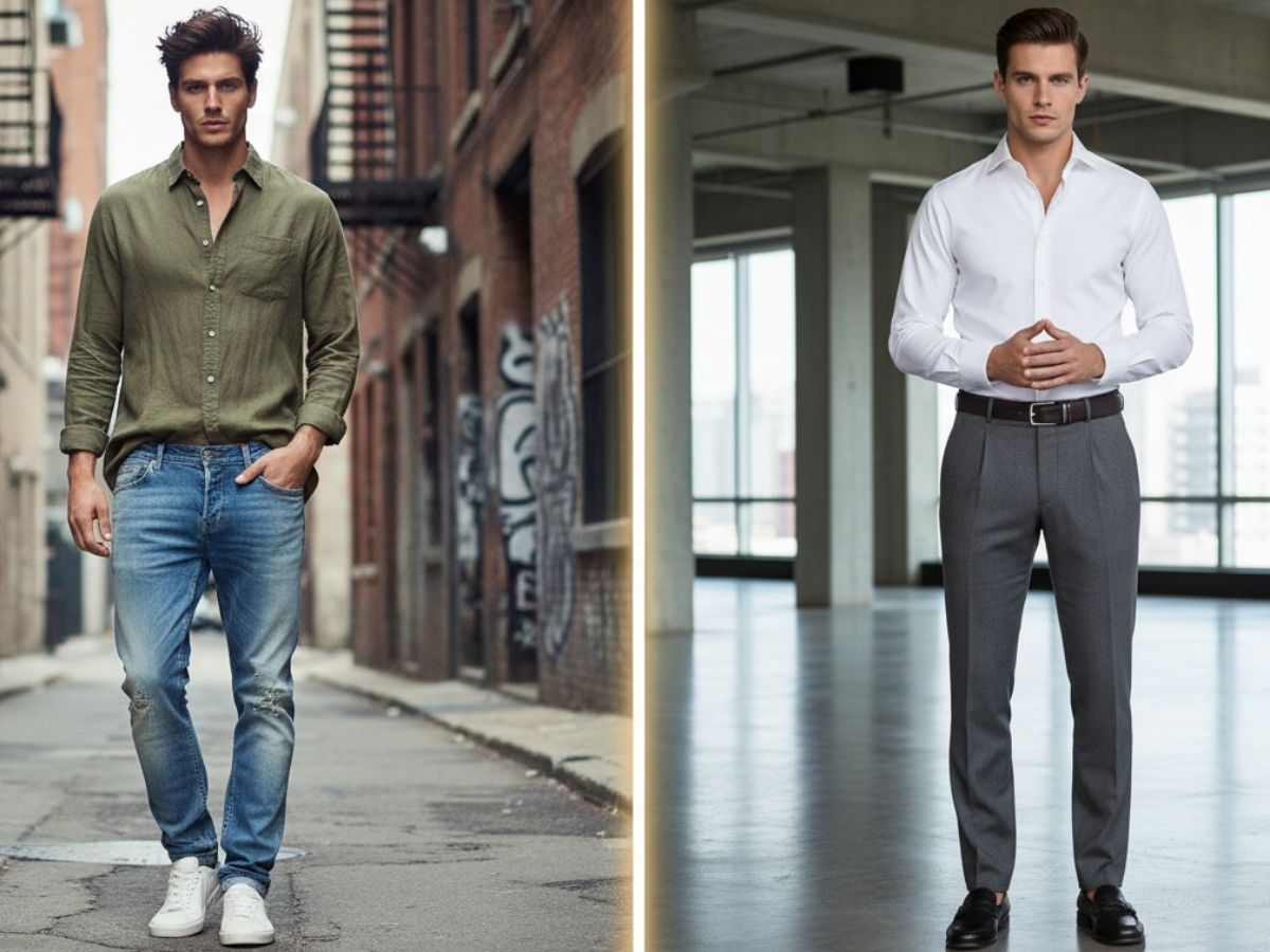 So sánh một người mẫu nam mặc quần cạp trễ, áo bỏ ngoài và một người mặc quần cạp cao, sơ vin gọn gàng