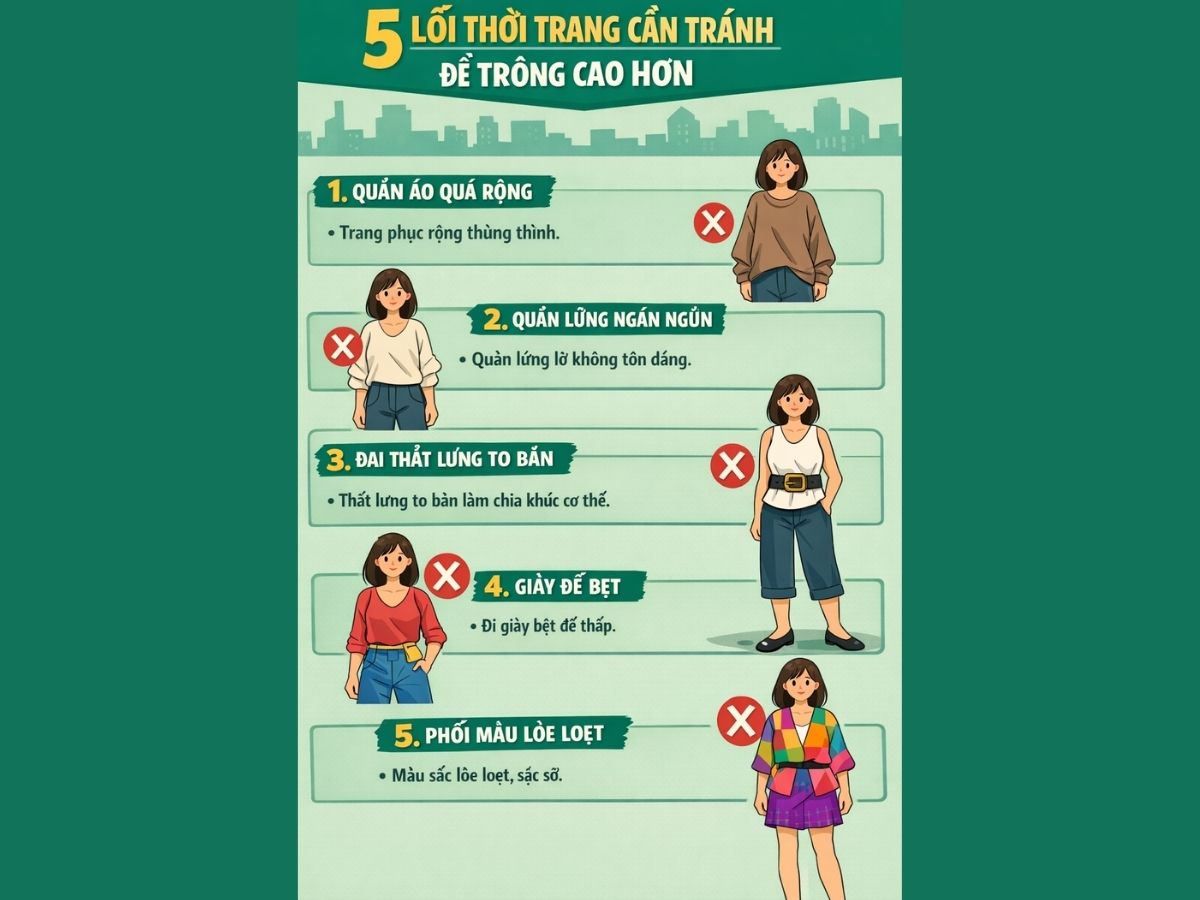 Infographic tổng hợp "5 Lỗi Thời Trang Cần Tránh Để Trông Cao Hơn"