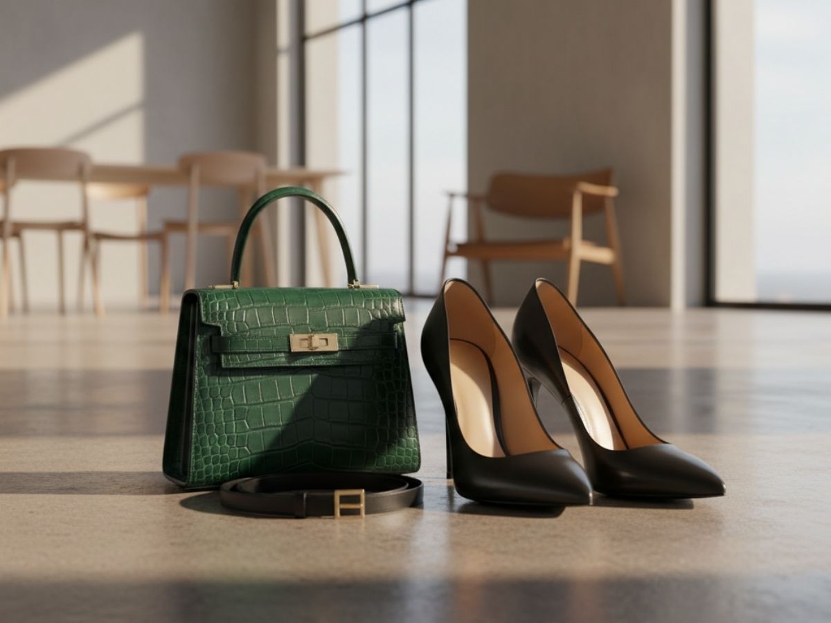 Các phụ kiện nữ được gợi ý: giày cao gót mũi nhọn, túi xách size vừa, thắt lưng mảnh