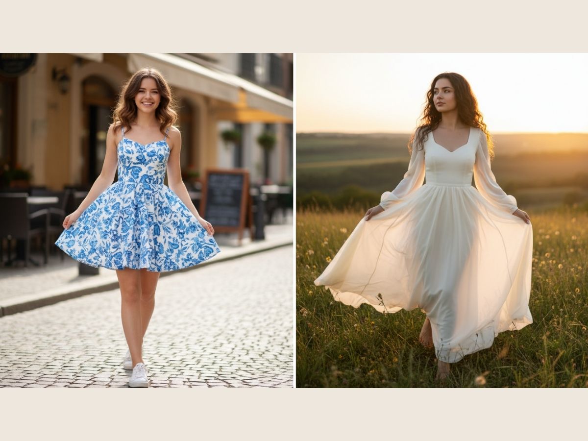 So sánh một bạn nữ mặc váy chữ A ngắn trên gối và một người mặc váy suông dài qua gối