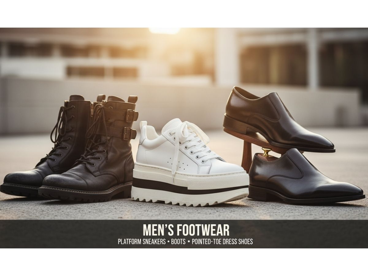 Cận cảnh các loại giày dép nam được gợi ý: sneaker đế độn, boots, giày tây mũi nhọn