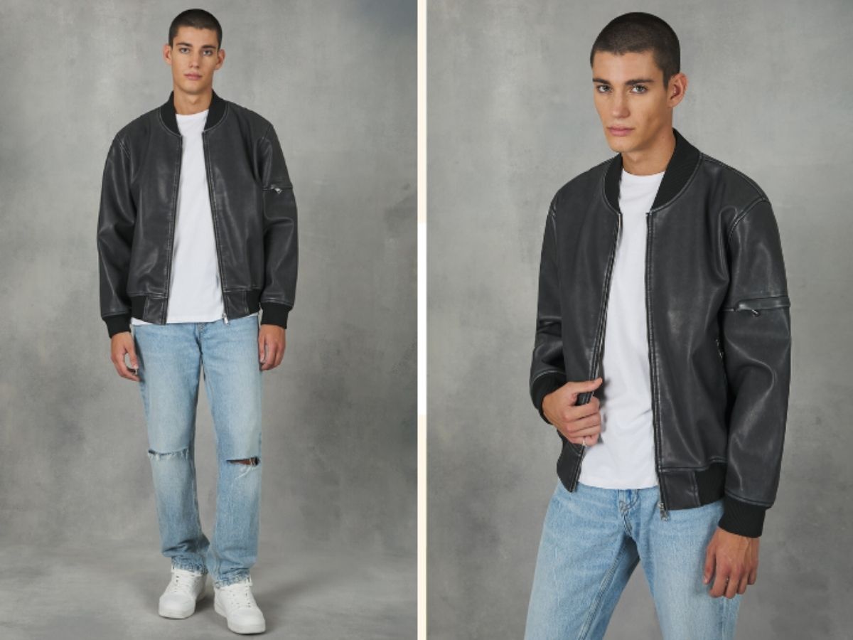 Mặc áo khoác bomber ngắn kết hợp với áo thun và quần jeans