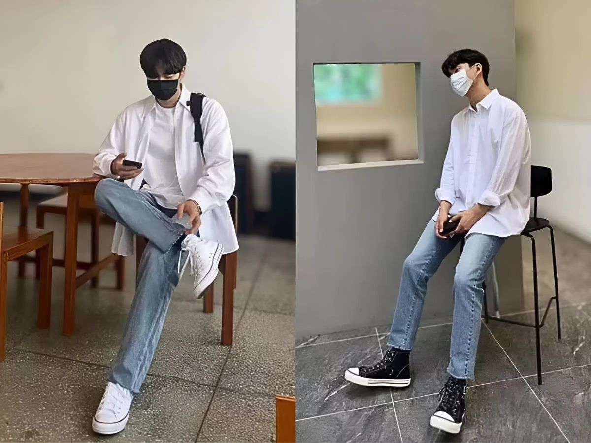 Sơ Mi Kết Hợp Với Quần Jeans Đứng Form Đơn Giản 