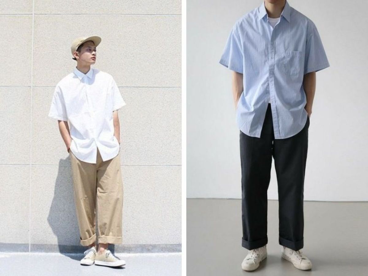 Áo Sơ Mi Ngắn Tay Với Quần Kaki Gọn Gàng Năng Động