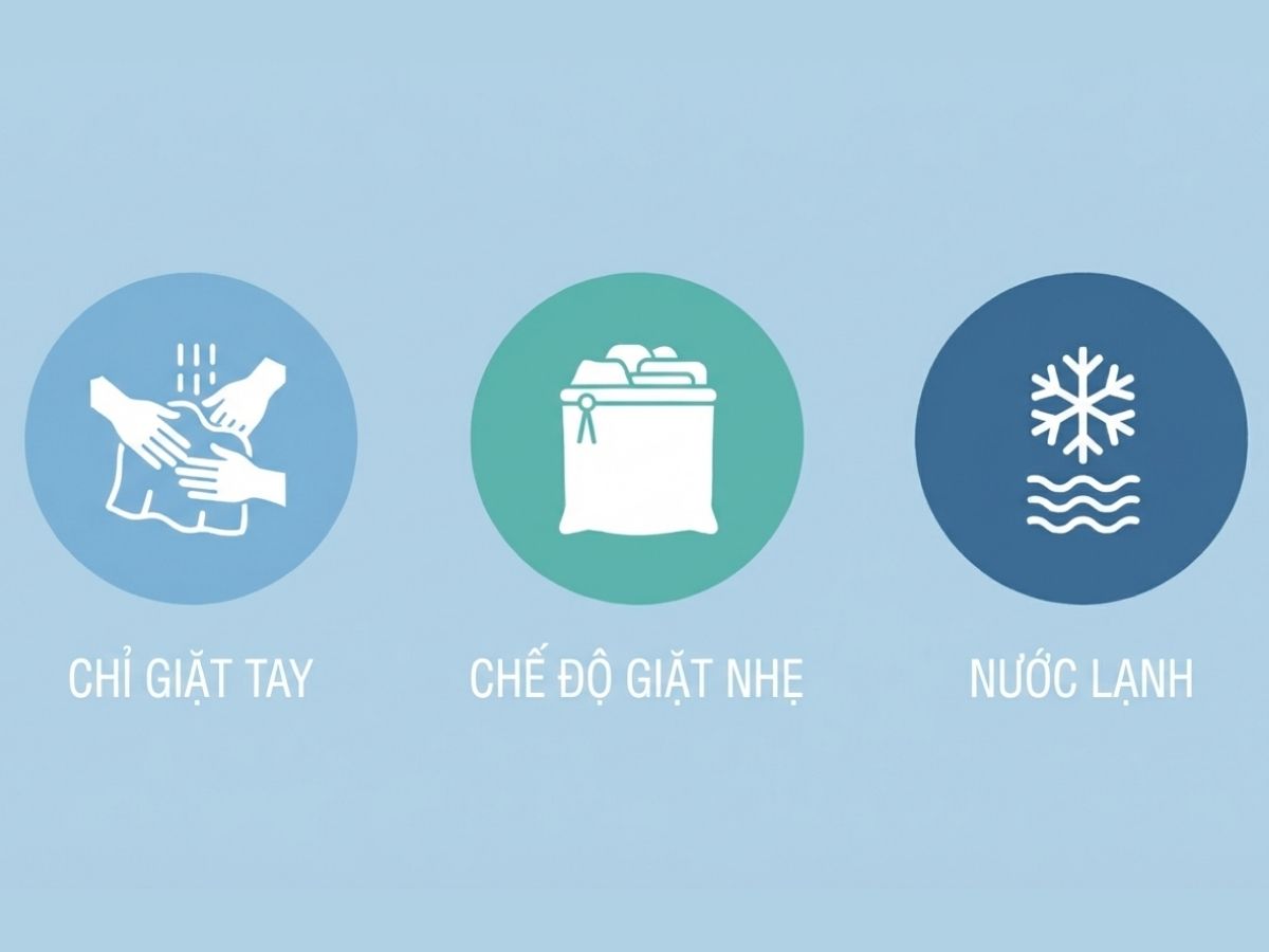 Infographic nhỏ với các icon: bàn tay đang giặt, túi giặt, biểu tượng bông tuyết (nước lạnh)