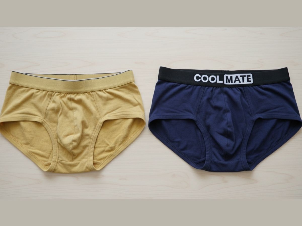 Một chiếc quần lót cũ đã bị dão, ố vàng đặt cạnh một chiếc quần lót Coolmate mới để so sánh