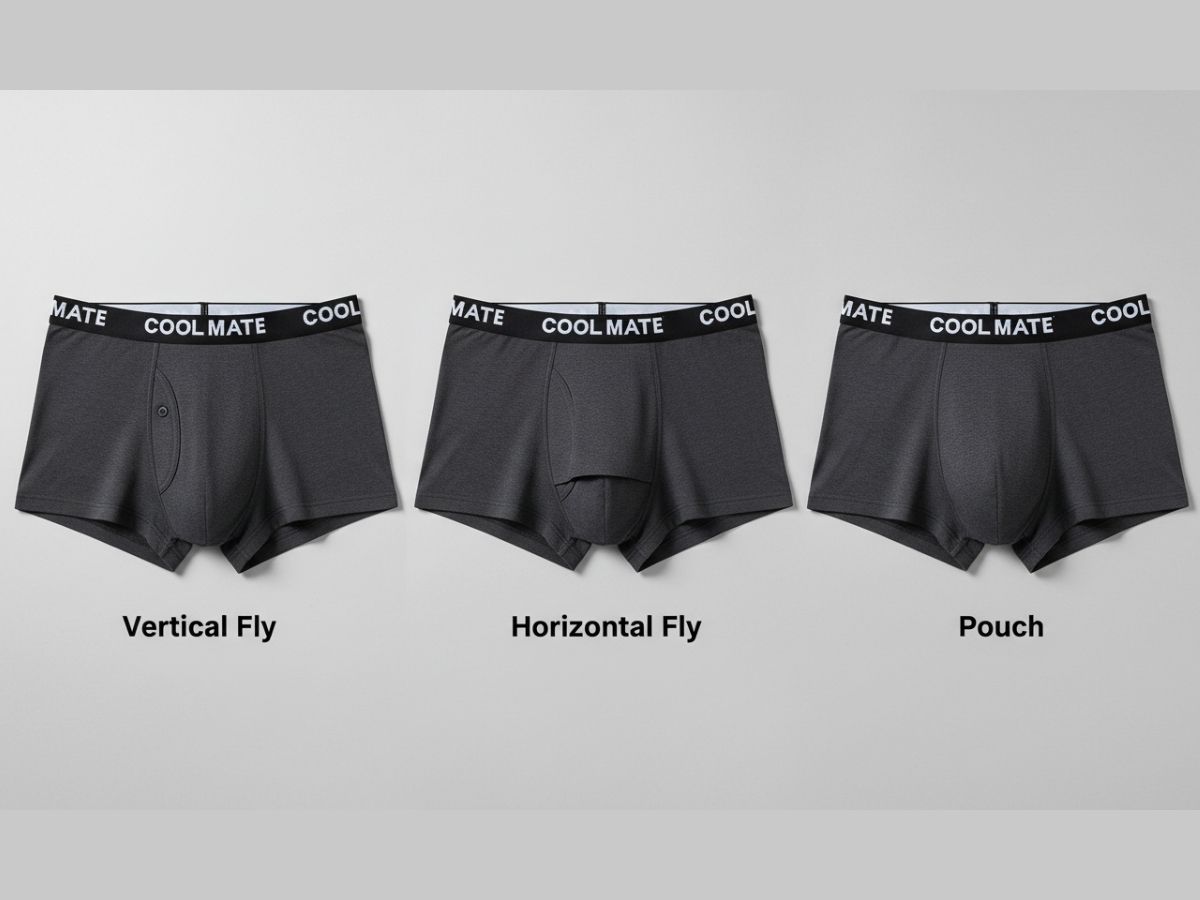 Ba sản phẩm quần lót của Coolmate minh họa rõ 3 kiểu thiết kế: Vertical Fly, Horizontal Fly, và Pouch
