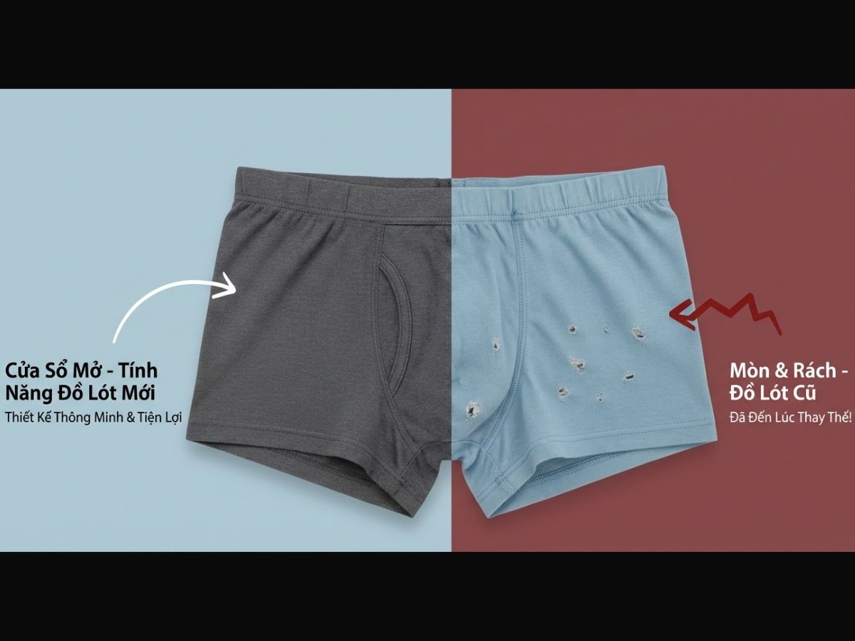 So sánh 2 hình ảnh: bên trái là chi tiết khe hở "Fly Opening" trên quần lót mới, bên phải là hình ảnh quần lót cũ có lỗ thủng do sờn rách