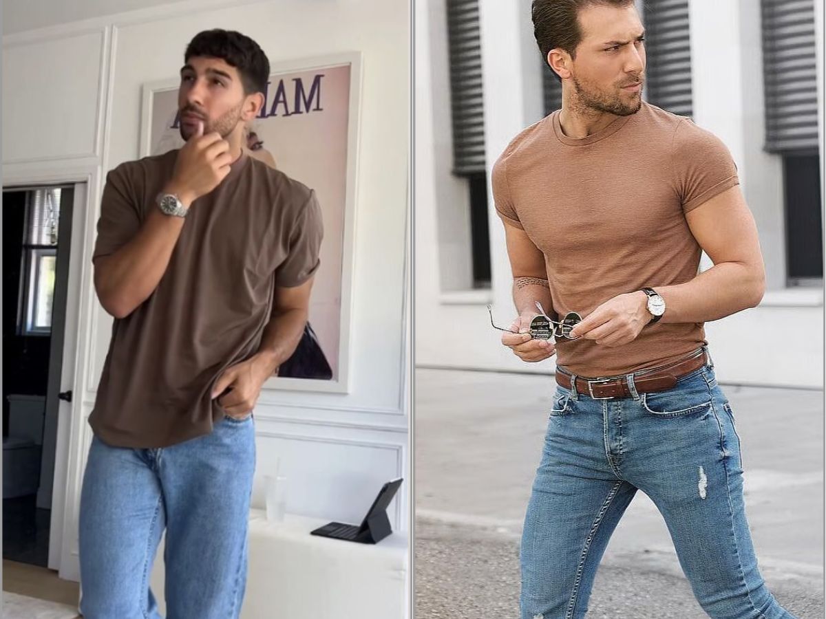 Áo thun màu nâu phối quần jean