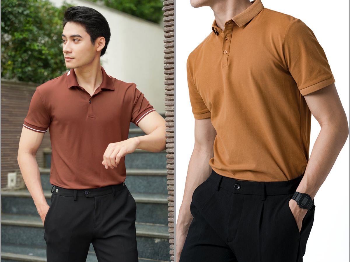Áo polo nâu mặc với quần tây đen