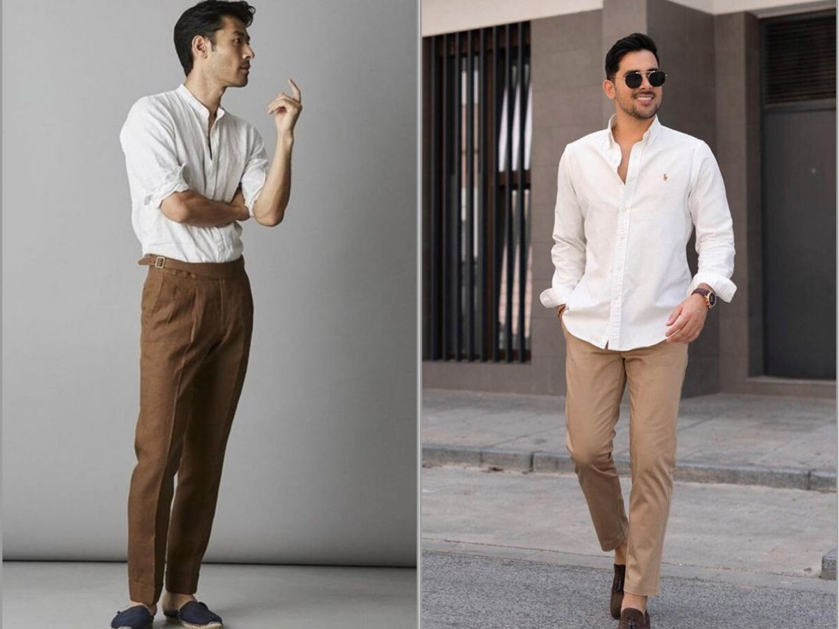 Quần nâu và áo sơ mi trắng