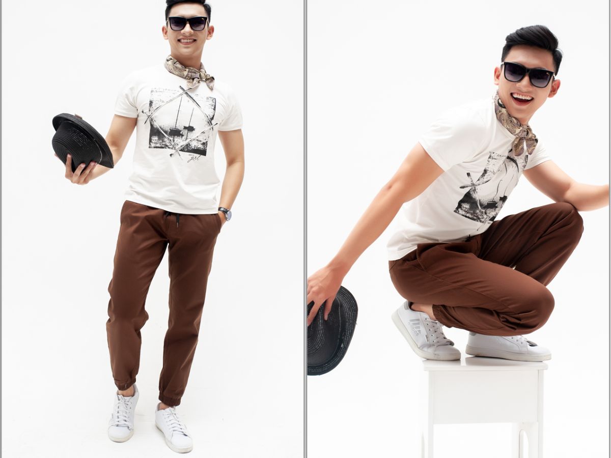 Quần jogger nâu phối áo thun