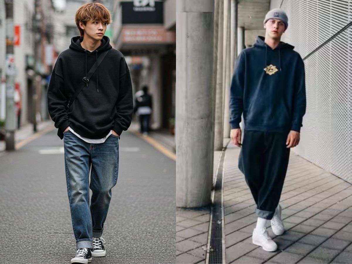 Phóng khoáng với hoodie và quần jeans/kaki