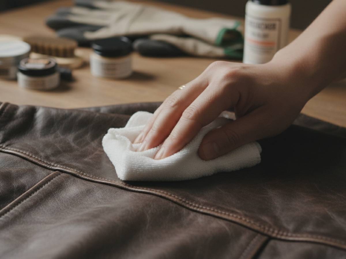 Chụp cận cảnh bàn tay dùng khăn mềm lau nhẹ nhàng phần tay áo da