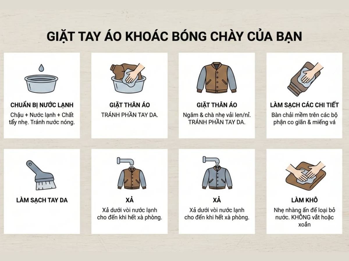 Infographic tóm tắt 6 bước giặt tay áo khoác bóng chày