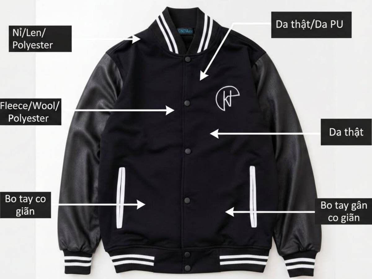 Infographic chỉ rõ các bộ phận trên áo khoác bóng chày
