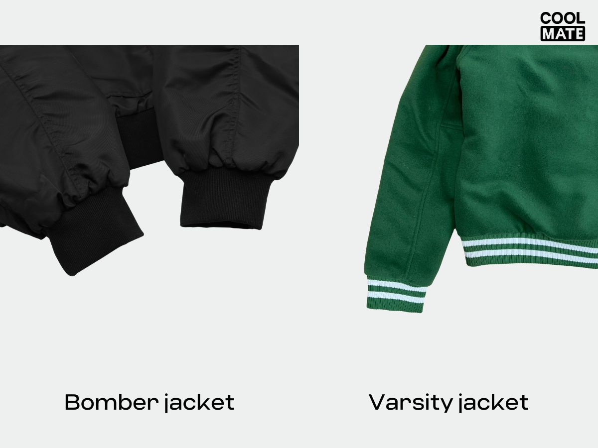 Phân biệt bomber và varsity jacket qua phần viền tay áo và gấu áo khoác