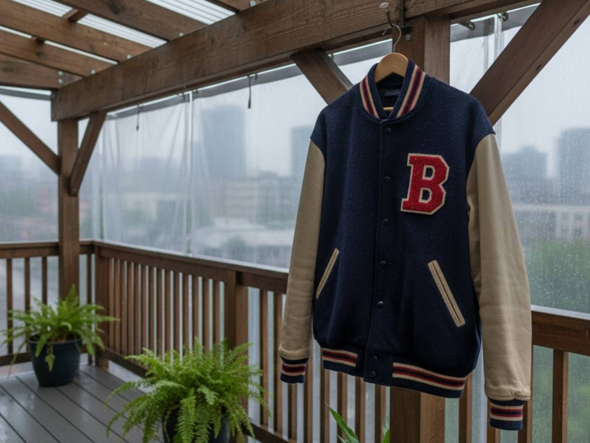 Chiếc áo khoác bóng chày được treo trên móc vai rộng bằng gỗ