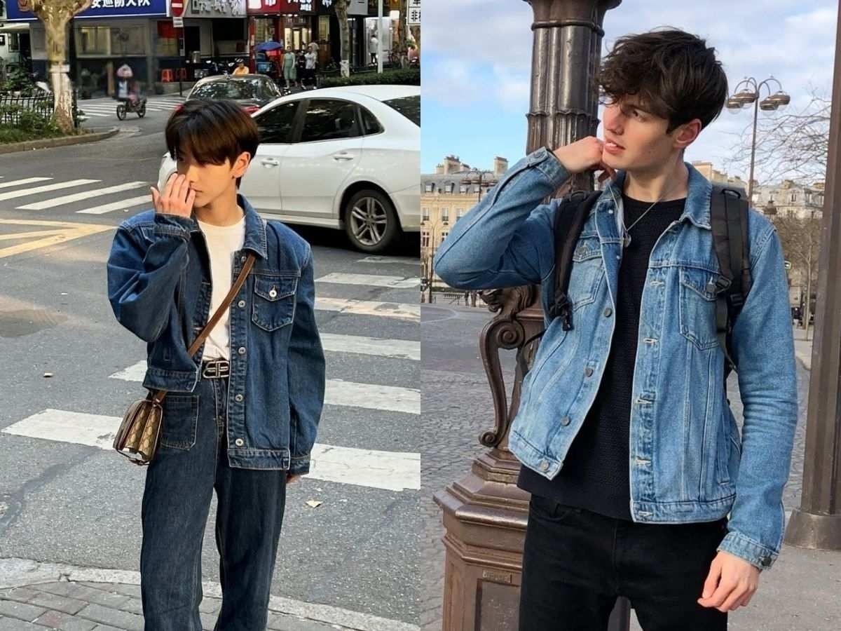 Chàng trai mặc áo khoác jeans với phong cách tự tin, năng động trên đường phố