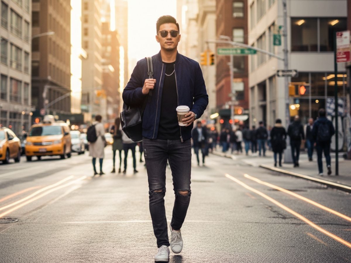 Người mẫu nam mặc áo khoác bomber da lộn màu xanh navy, phong cách street style