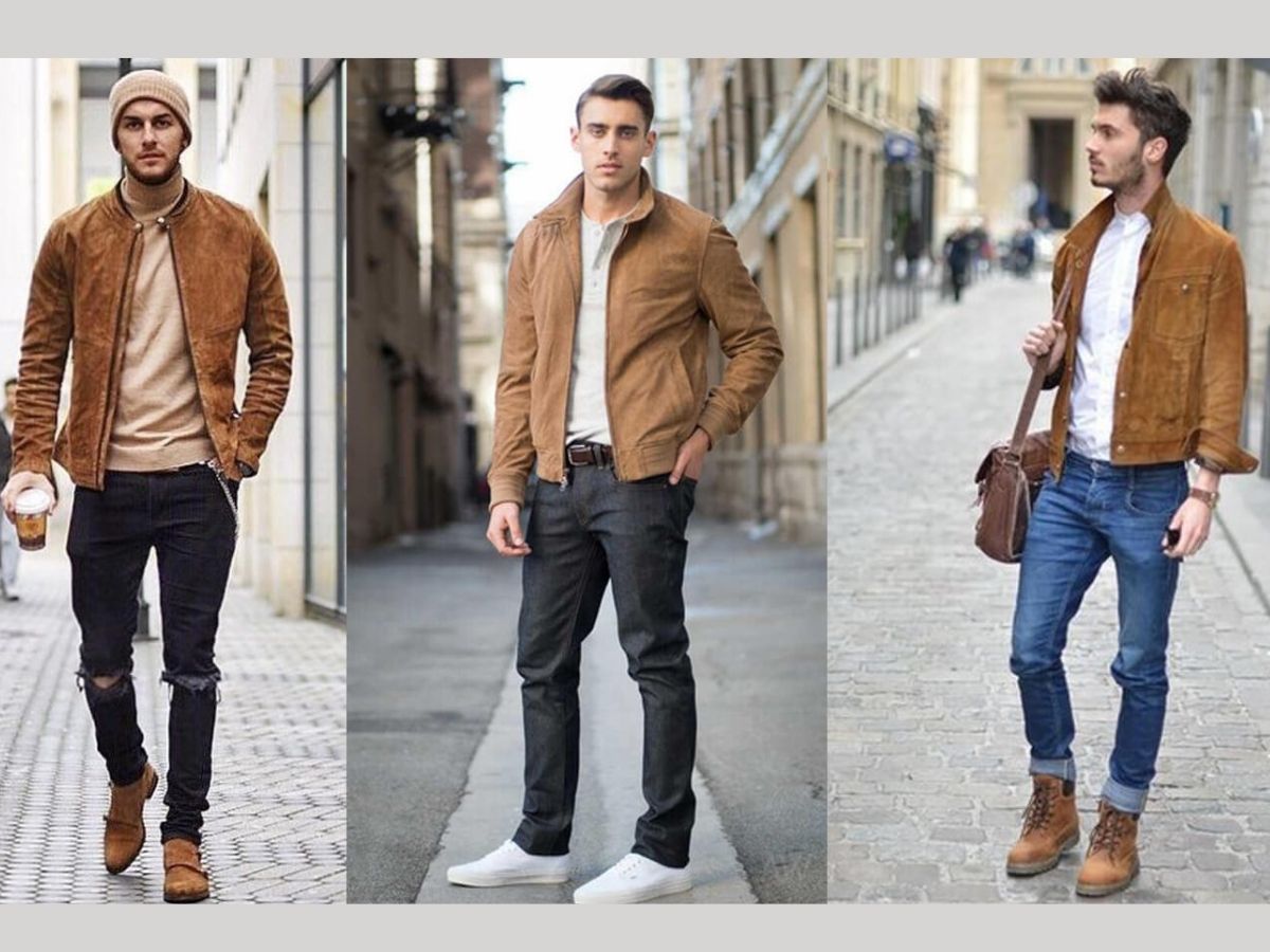 Người mẫu nam mặc áo khoác da lộn trucker màu be, phối cùng áo thun và quần jeans