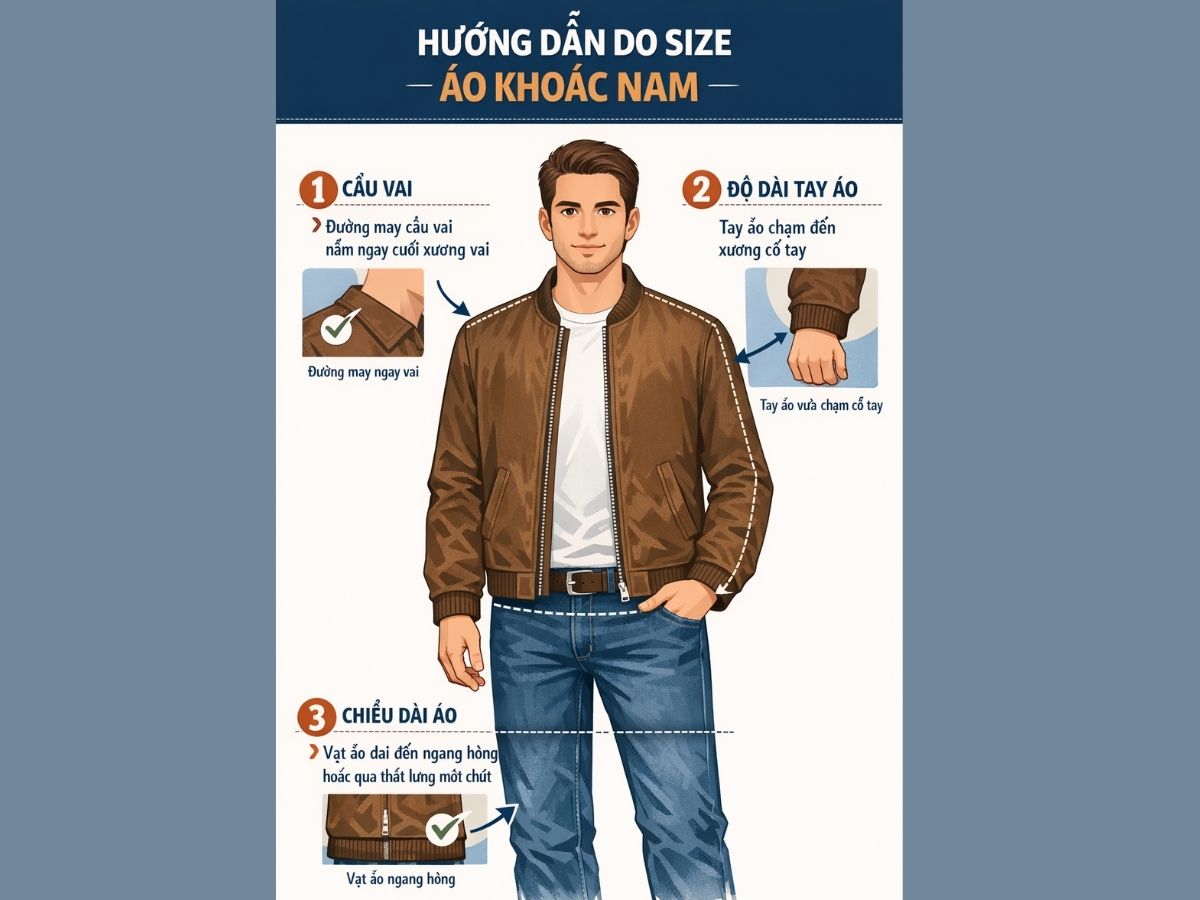 Infographic hướng dẫn 3 điểm cần lưu ý khi đo size áo khoác nam
