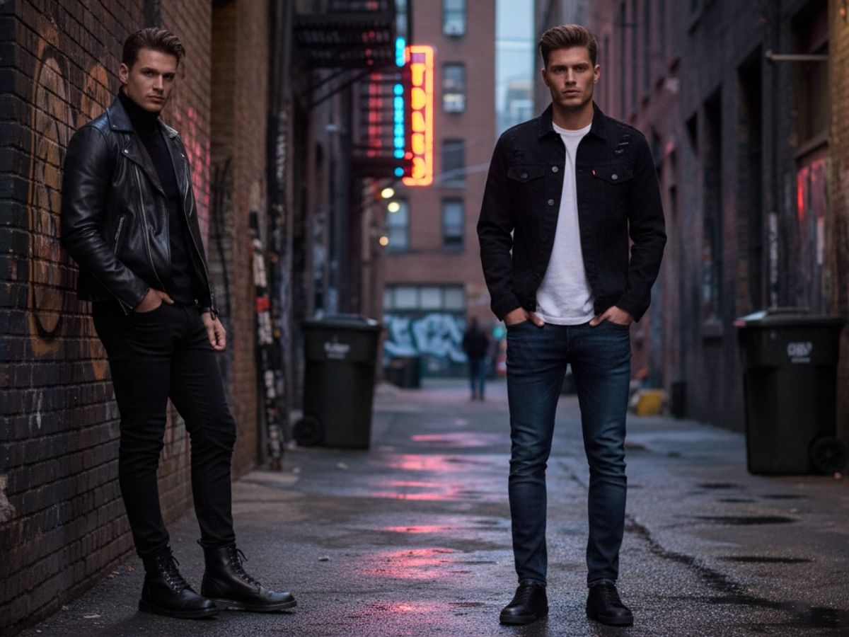 Một người mẫu mặc full set all-black, một người mẫu mặc áo khoác jeans đen và áo thun trắng