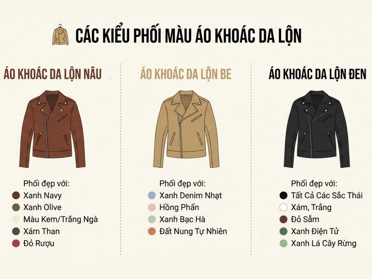 Infographic đơn giản về cách phối màu cho áo khoác da lộn màu nâu, be, đen