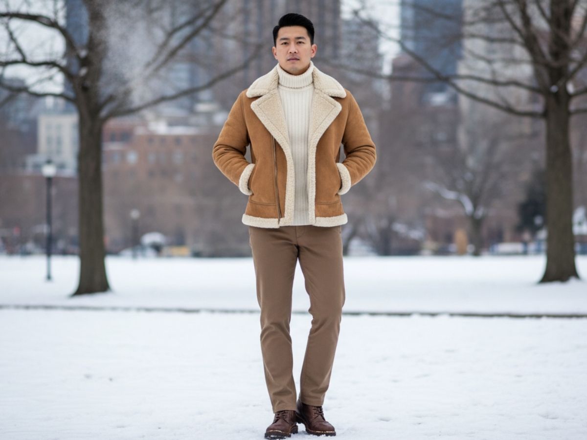 Outfit mùa đông với áo khoác da lộn lót lông, áo len cổ lọ Coolmate màu kem và quần kaki nâu