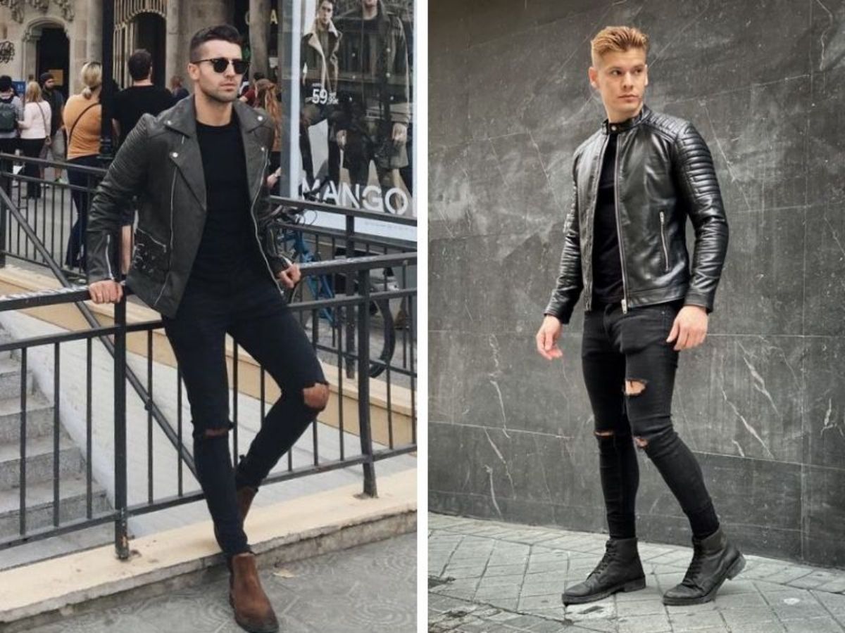 Phong cách bụi bặm với áo khoác biker da lộn đen, áo phông, quần jeans rách và bốt da