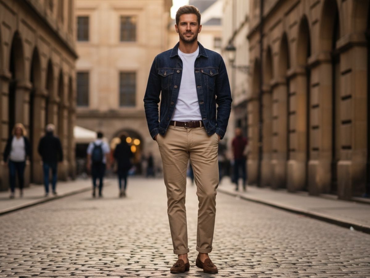 Chàng trai mặc áo khoác jeans, áo thun trắng và quần kaki màu be, phong cách Smart Casual