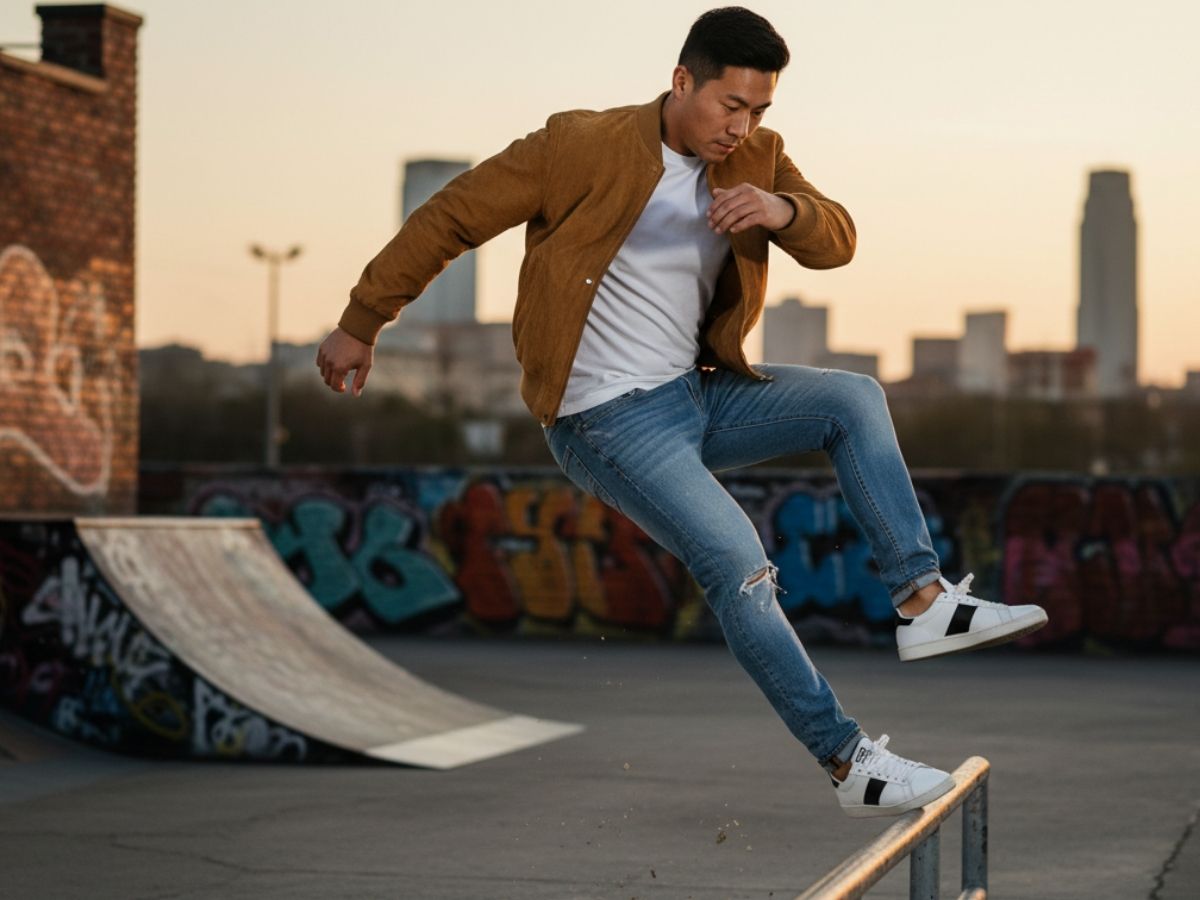 Chàng trai năng động với áo khoác bomber da lộn, áo thun trắng 24/7 Coolmate, quần jeans xanh và sneakers