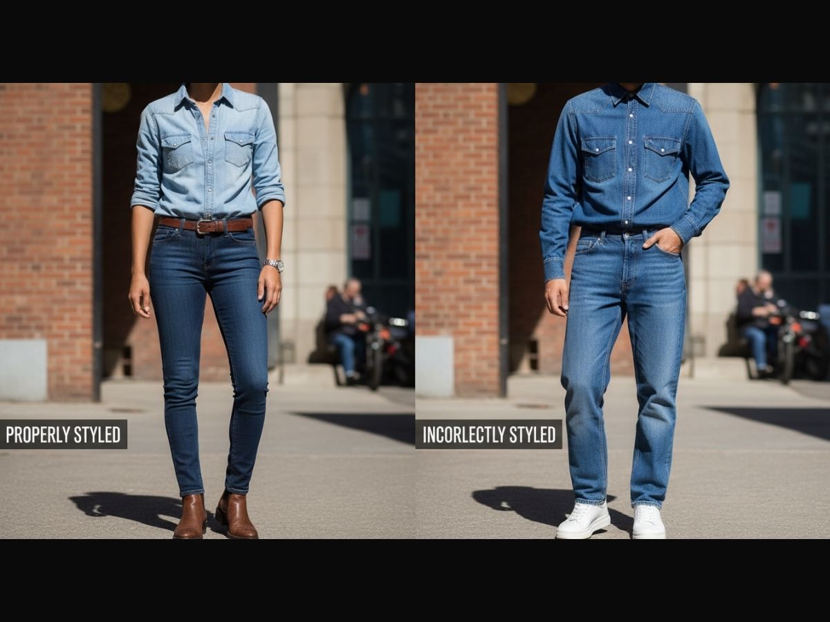 So sánh một set "Denim on Denim" phối đúng cách (áo nhạt, quần đậm) và một set phối sai (cùng màu)