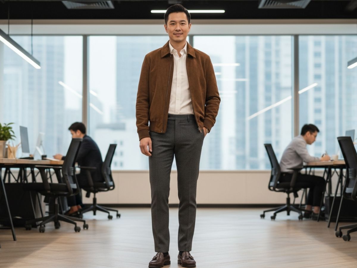 Outfit công sở với áo khoác da lộn màu nâu, áo sơ mi trắng Coolmate, quần âu xám và giày loafer