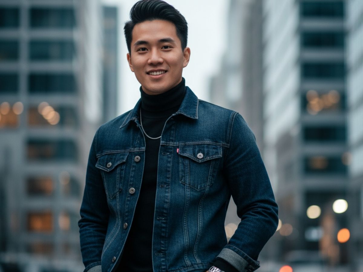 Chàng trai mặc áo khoác jeans với áo len cổ lọ màu đen, toát lên vẻ lịch lãm