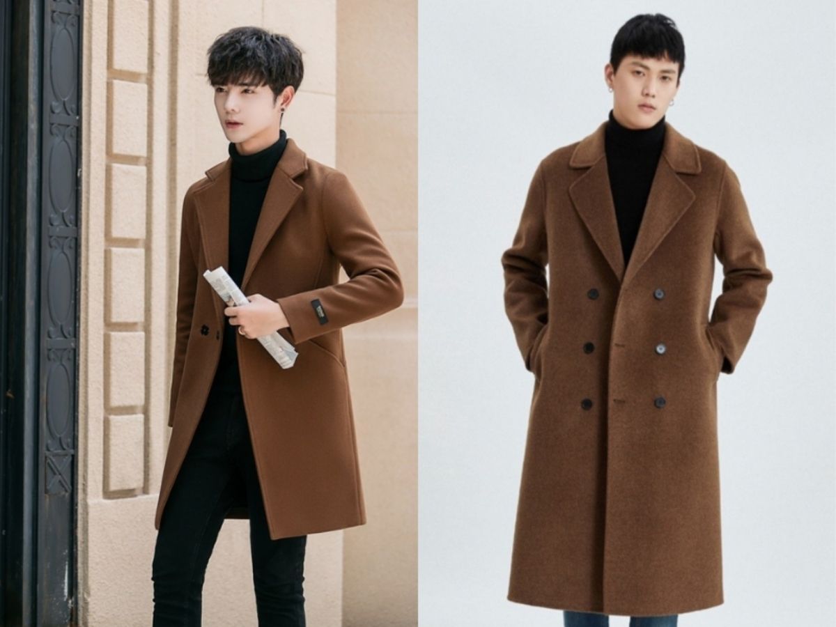 Người mẫu nam mặc áo khoác da lộn dáng dài màu nâu camel, phong cách lịch lãm