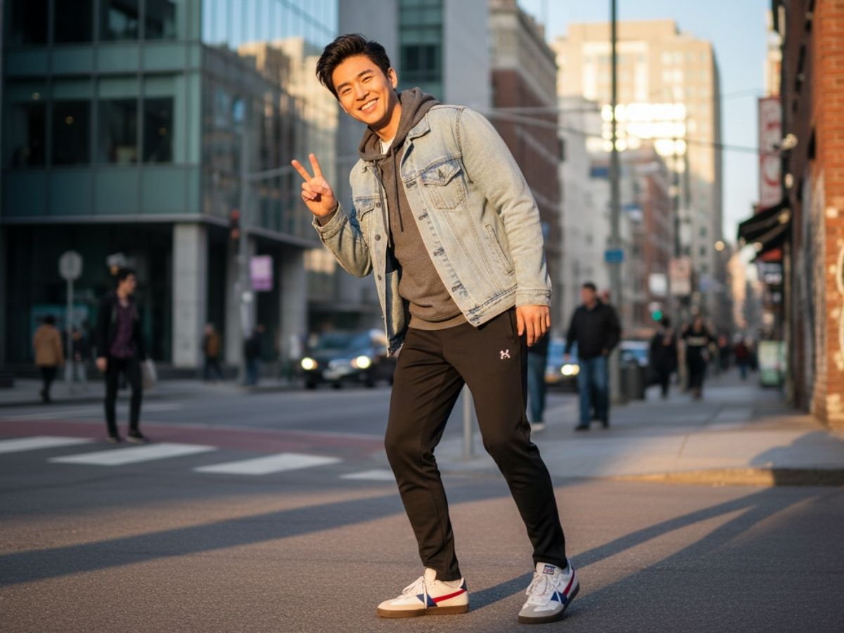 Chàng trai mặc áo khoác jeans layer bên ngoài áo hoodie xám, tạo dáng năng động trên phố