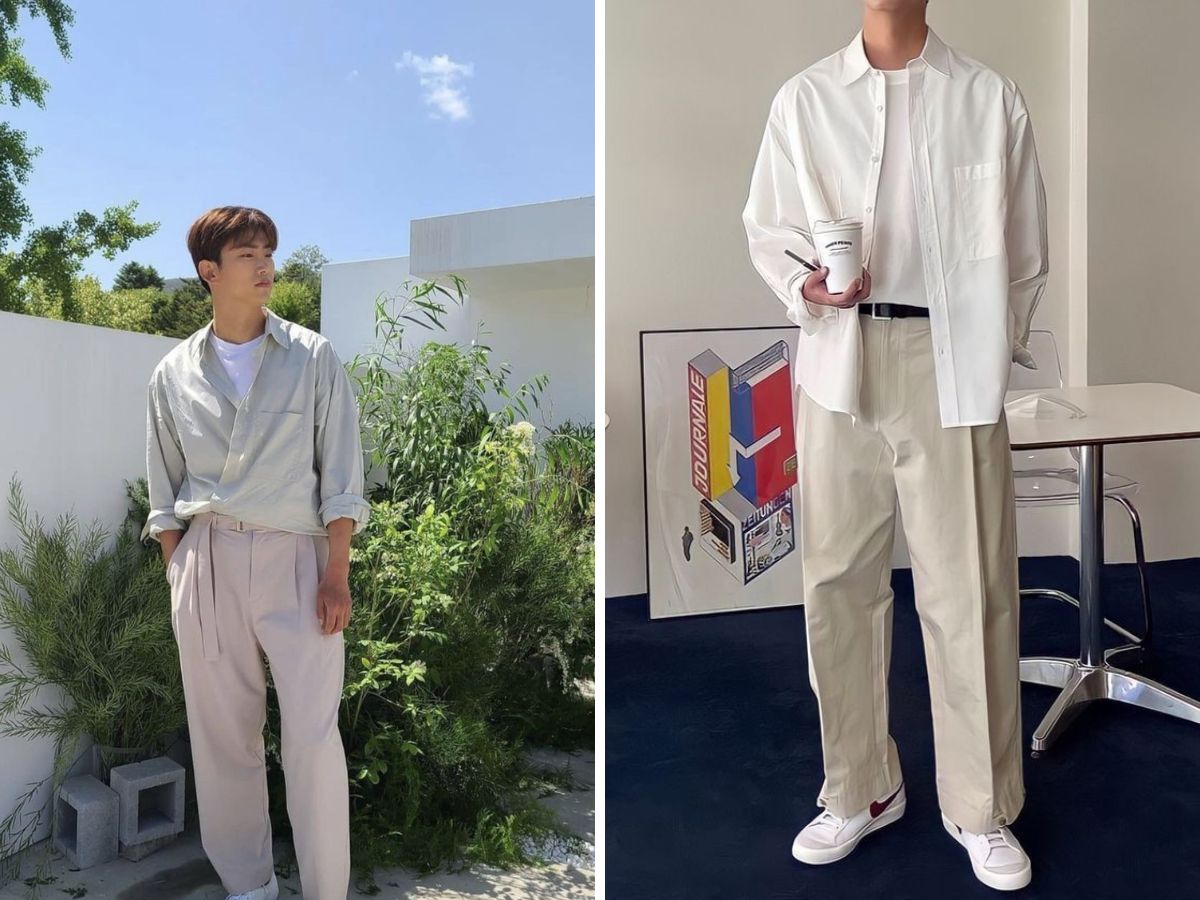 Quần kaki màu kem phối với sơ mi Hàn Quốc, tạo nên vẻ thanh lịch và hài hòa