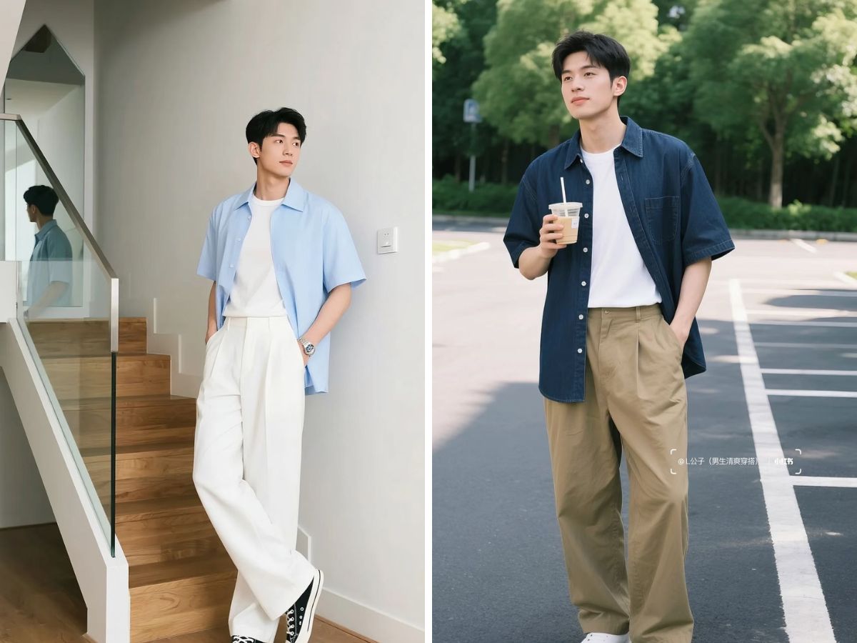 Phối sơ mi tay ngắn với áo phông bên trong, lý tưởng cho phong cách ngày hè thoải mái