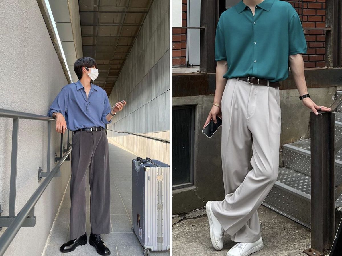 Áo sơ mi tay ngắn kết hợp với quần tây, tạo sự tương phản hài hòa cho mùa hè