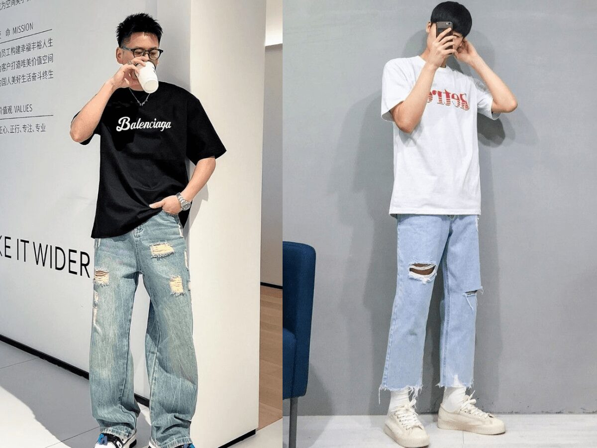 Một chiếc áo thun basic kết hợp với quần jeans rách  