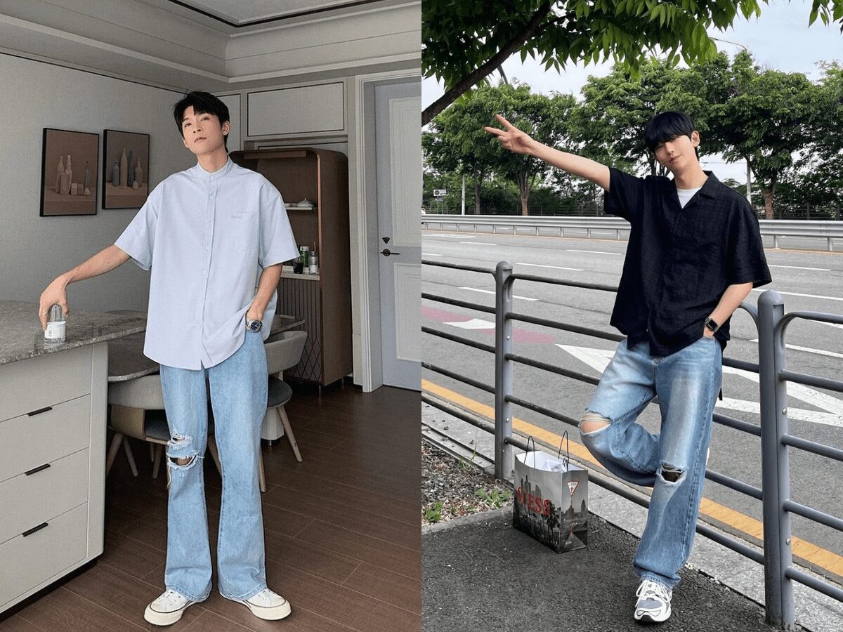 Jeans rách phối cùng áo sơ mi