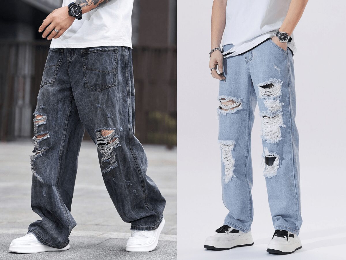 Quần jeans rách nam ống rộng/ống suông