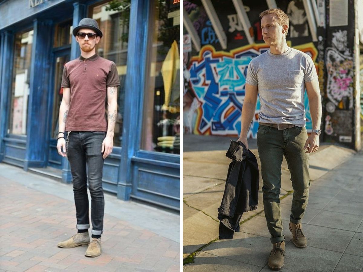 Bạn có thể phối đồ với giày chukka boots và áo phông, quần jean